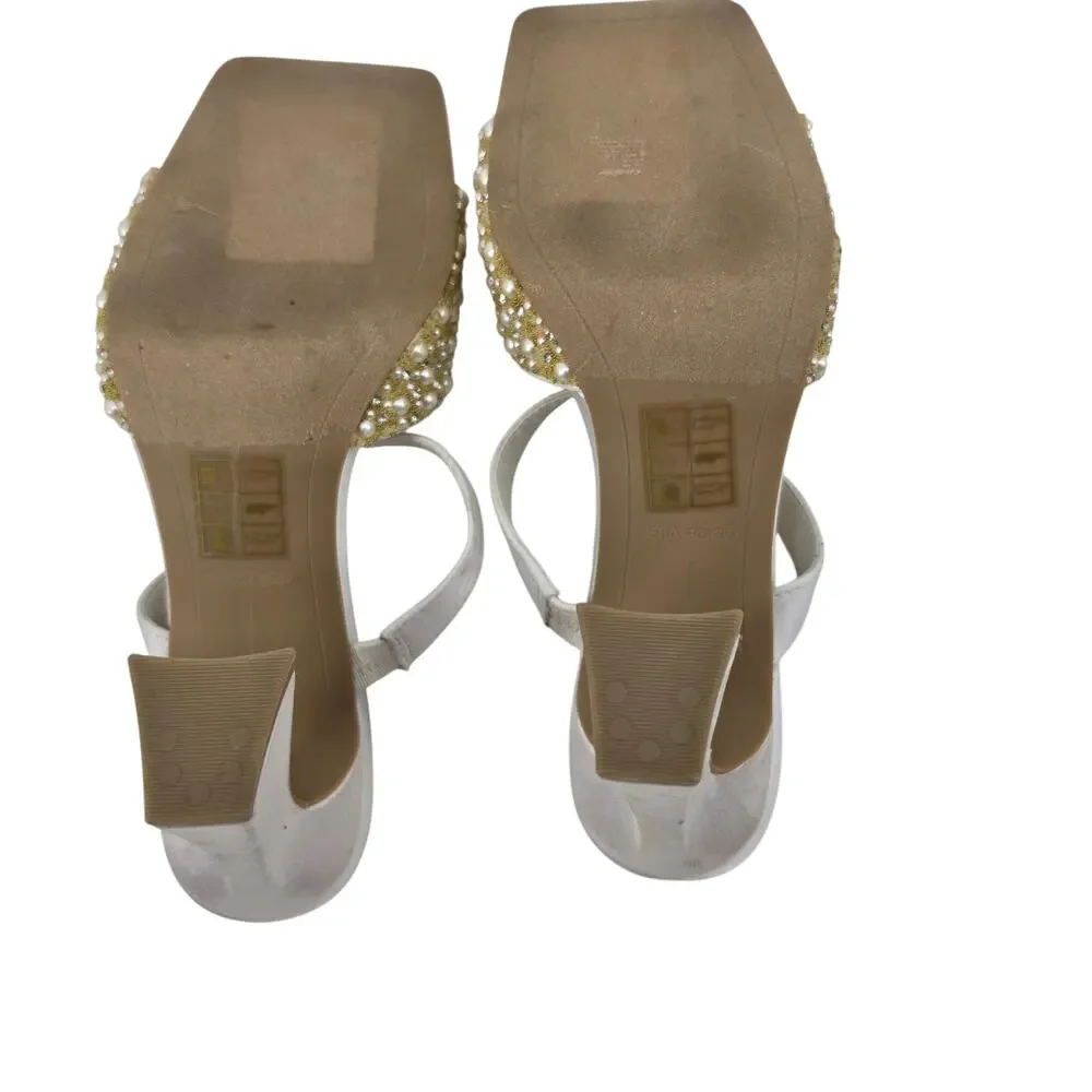 NWOT Dolce Vita White & Gold Nasia Rhinestone Pearl Slip On Sandal Heel Size 9.5